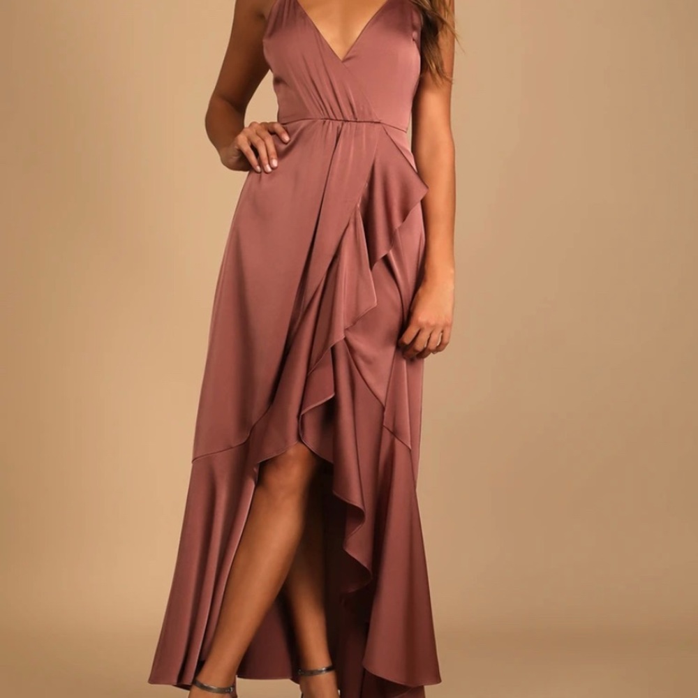 Mauve Pink Satin Ruffled High-Low Dress